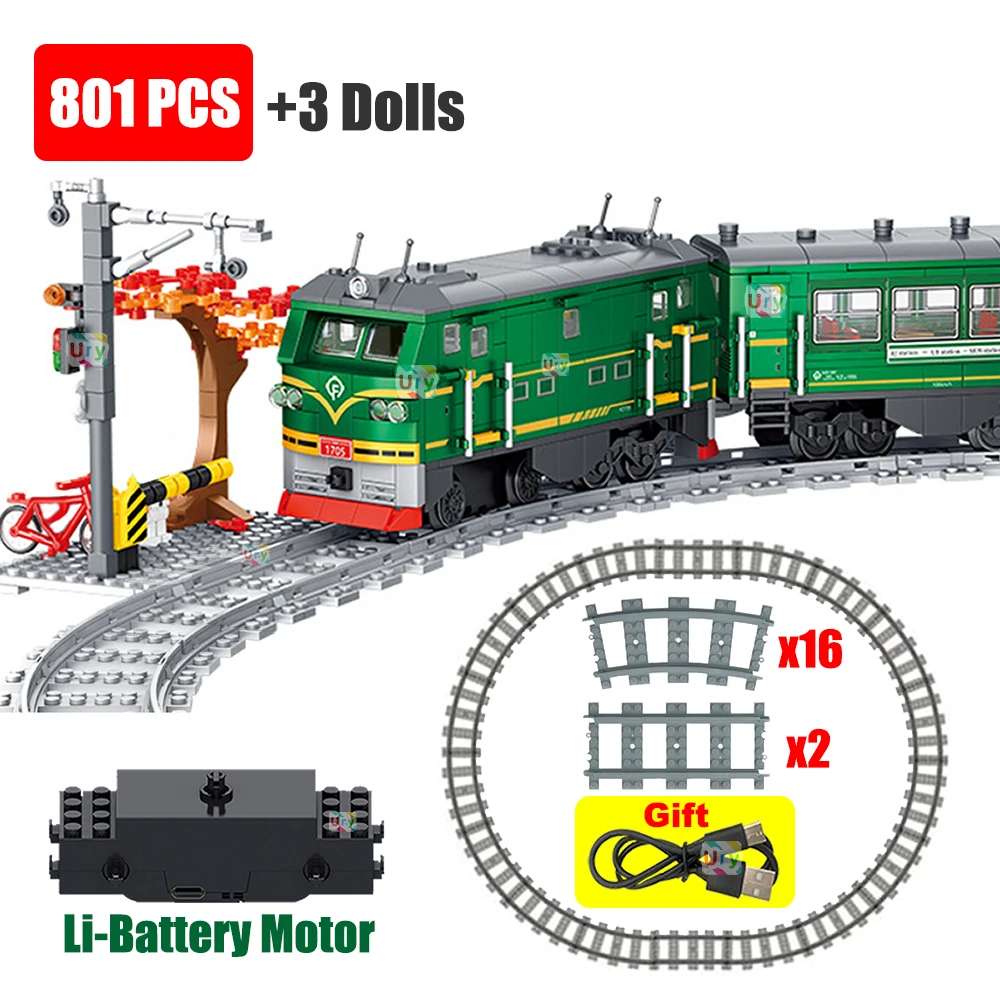 Lego Set City - Техническая ретро-модель зеленого паровоза-поезда с электродвигателем,